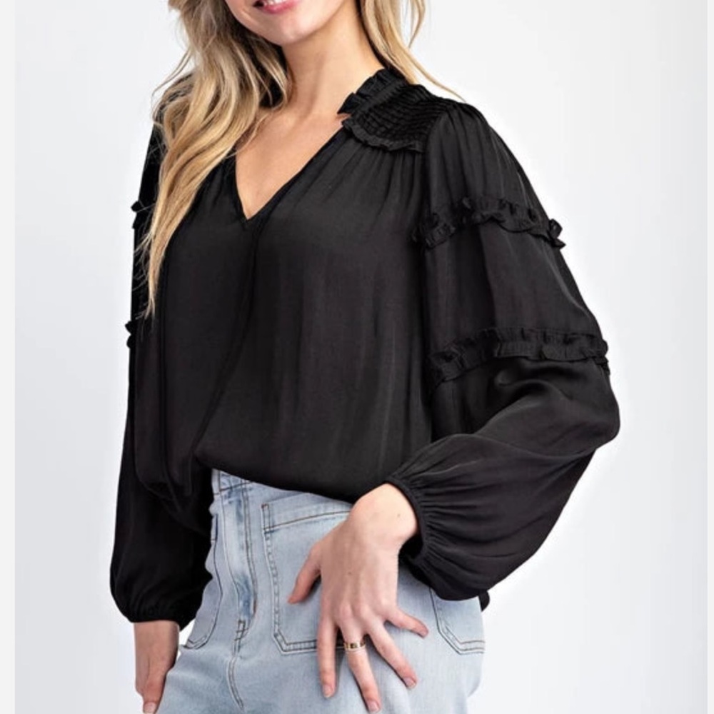 Cato | Split Neck Ruffles Ruffle Trim‎ Balloon Sleeve Blouse Peasant Top